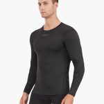Angled front view of the Men’s UVTee Long Sleeve Baselayer by Pontoon in black, emphasizing its lightweight fabric, enhanced breathability, and athletic design for peak rowing performance