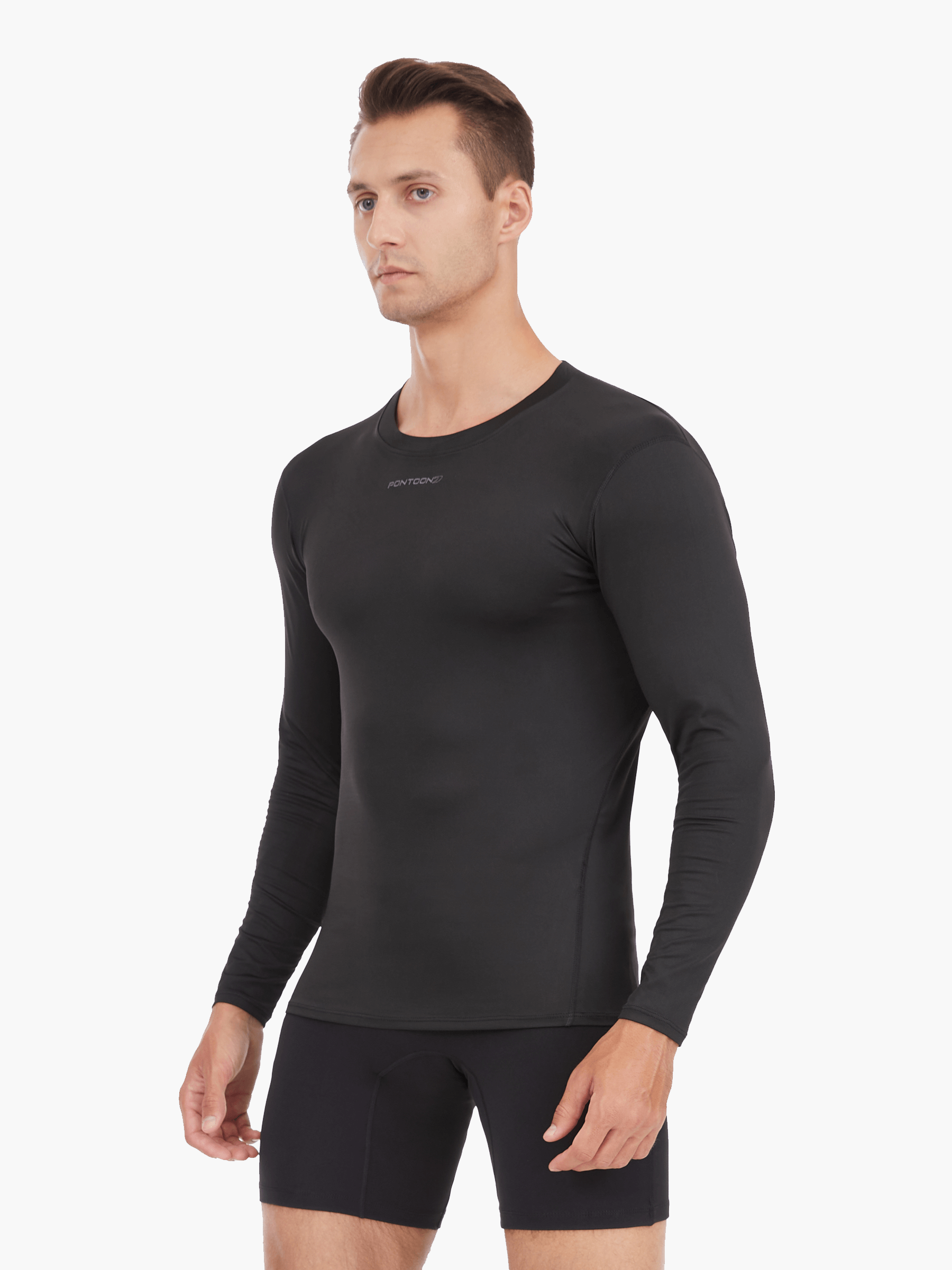 Angled front view of the Men’s UVTee Long Sleeve Baselayer by Pontoon in black, emphasizing its lightweight fabric, enhanced breathability, and athletic design for peak rowing performance