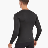 Back view of the Men’s UVTee Long Sleeve Baselayer in black, highlighting seamless construction, flatlock stitching, and advanced UV protection for rowers in hot weather.