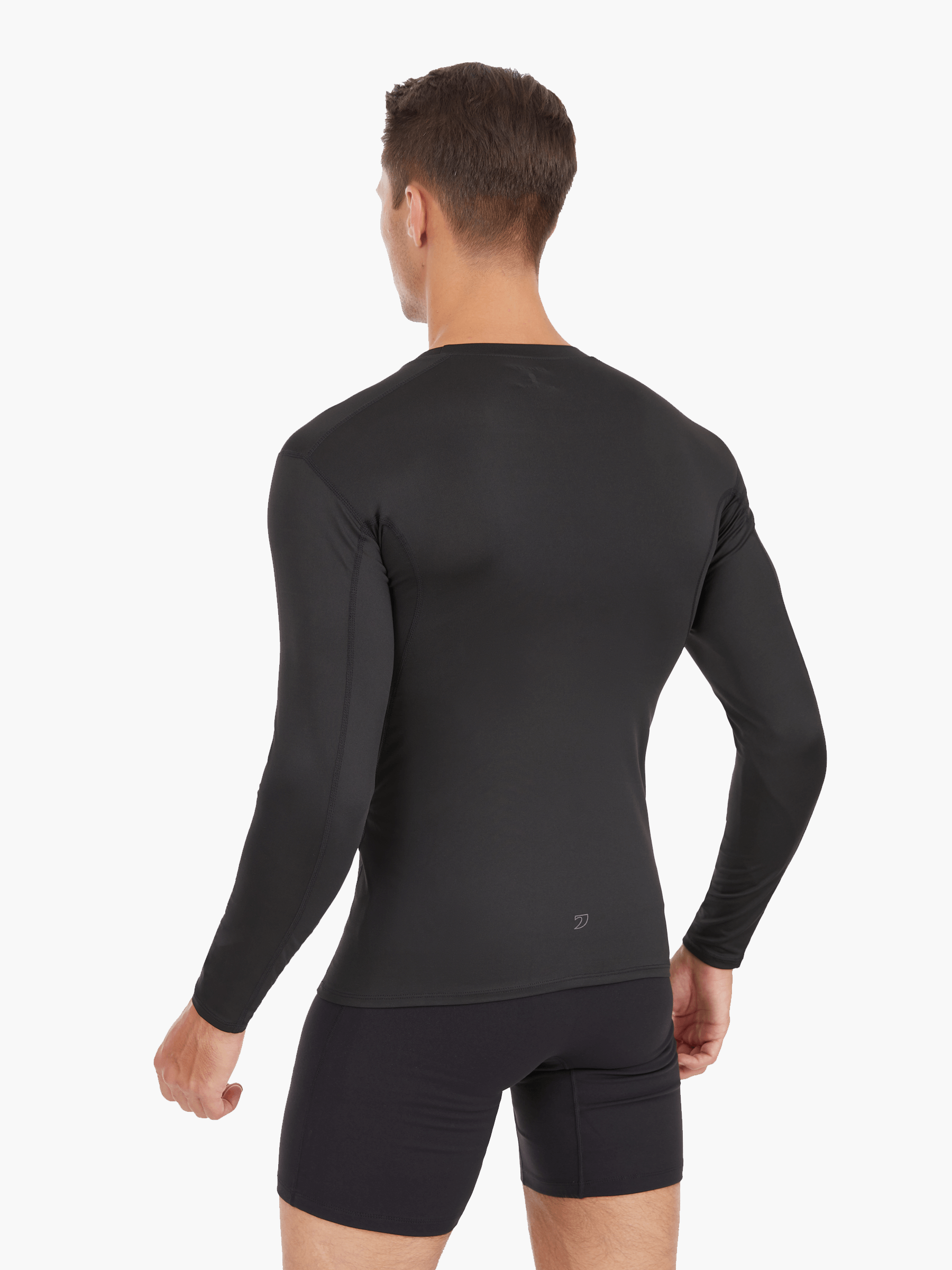 Back view of the Men’s UVTee Long Sleeve Baselayer in black, highlighting seamless construction, flatlock stitching, and advanced UV protection for rowers in hot weather.