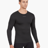 Front view of the Men’s UVTee Long Sleeve Baselayer by Pontoon in black, featuring ultra-lightweight technical fabric, flatlock stitching, and UPF 50+ protection, designed for rowing and intense outdoor performance.