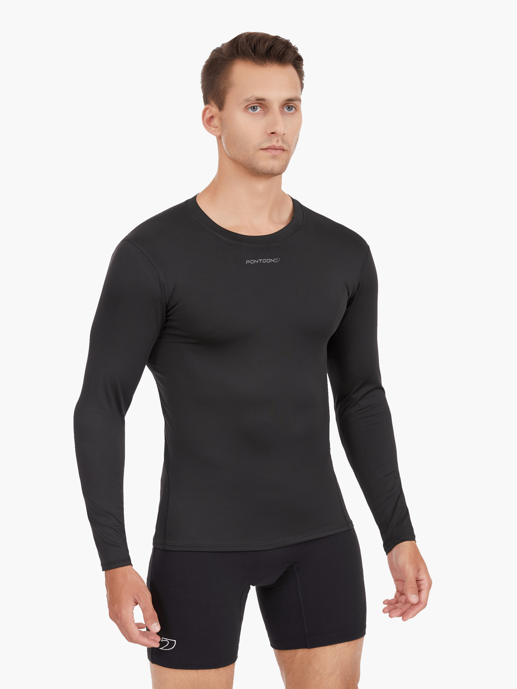 Front view of the Men’s UVTee Long Sleeve Baselayer by Pontoon in black, featuring ultra-lightweight technical fabric, flatlock stitching, and UPF 50+ protection, designed for rowing and intense outdoor performance.
