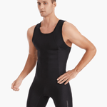 Front angled view of the Pontoon Performance Rowing Suit, also known as a Unisuit, Zootie, or AIO, in black, featuring flat lock stitching and moisture-wicking fabric for superior comfort and performance.