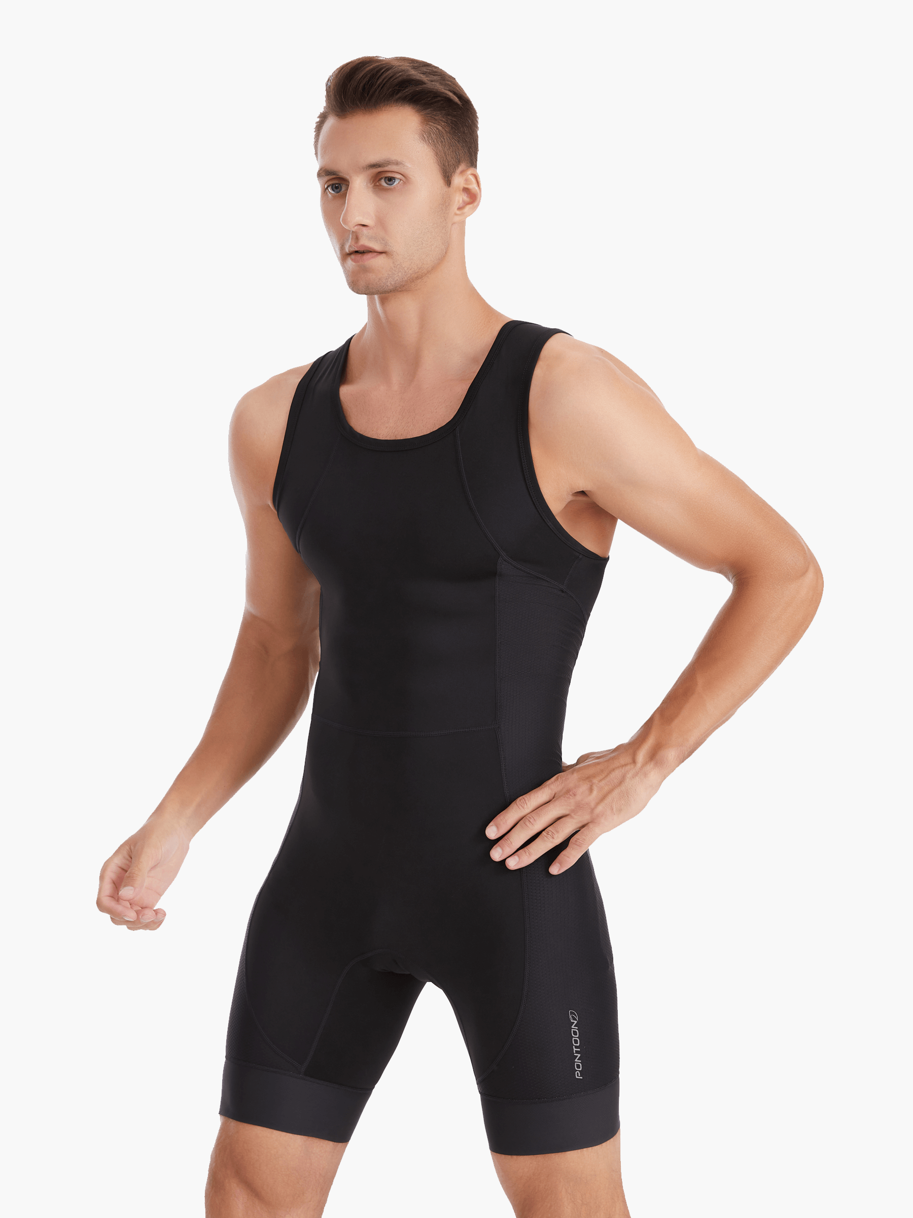 Front angled view of the Pontoon Performance Rowing Suit, also known as a Unisuit, Zootie, or AIO, in black, featuring flat lock stitching and moisture-wicking fabric for superior comfort and performance.