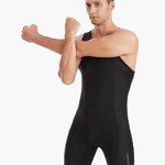 Side view of the Pontoon Performance Zootie in black, with a model stretching to showcase the ergonomic fit, silicone leg grippers, and performance contouring for flexibility and stability.