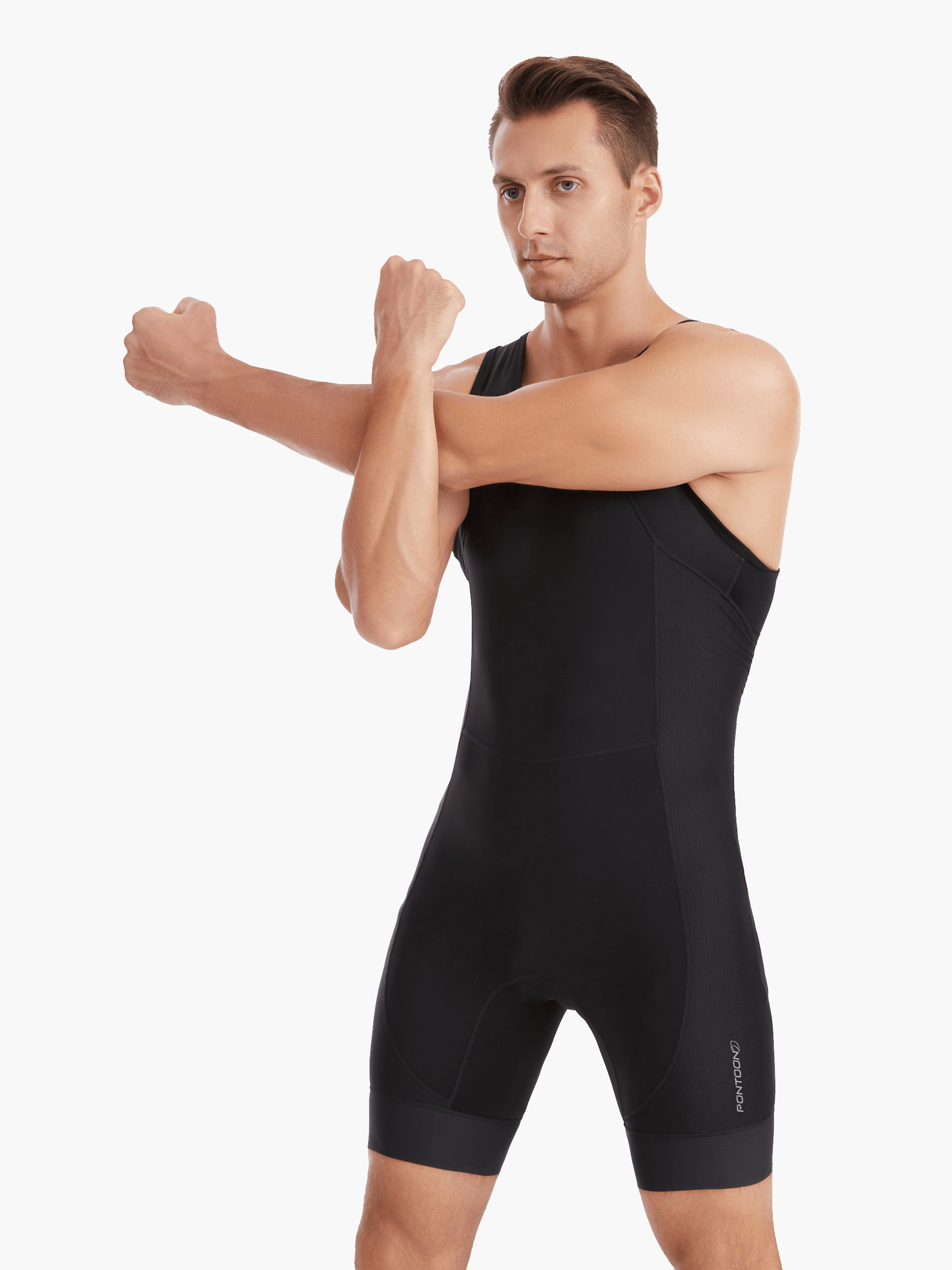 Side view of the Pontoon Performance Zootie in black, with a model stretching to showcase the ergonomic fit, silicone leg grippers, and performance contouring for flexibility and stability.