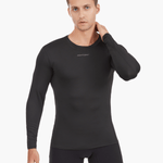 Side view of the Men’s UVTee Long Sleeve Baselayer in black, showcasing its form-fitting design, moisture-wicking properties, and ergonomic fit for unrestricted rowing movements.