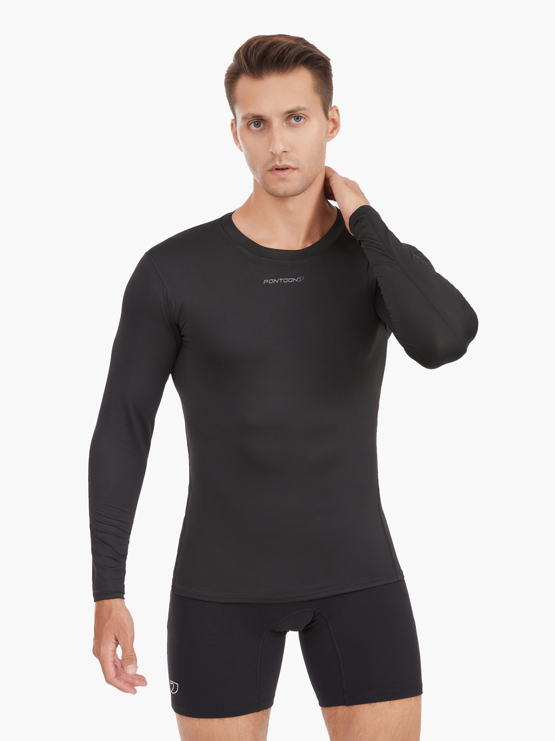 Side view of the Men’s UVTee Long Sleeve Baselayer in black, showcasing its form-fitting design, moisture-wicking properties, and ergonomic fit for unrestricted rowing movements.
