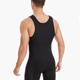 Back view of the Pontoon Performance Unisuit in black, highlighting over-the-shoulder straps, seamless construction, and double lined shorts for added comfort.