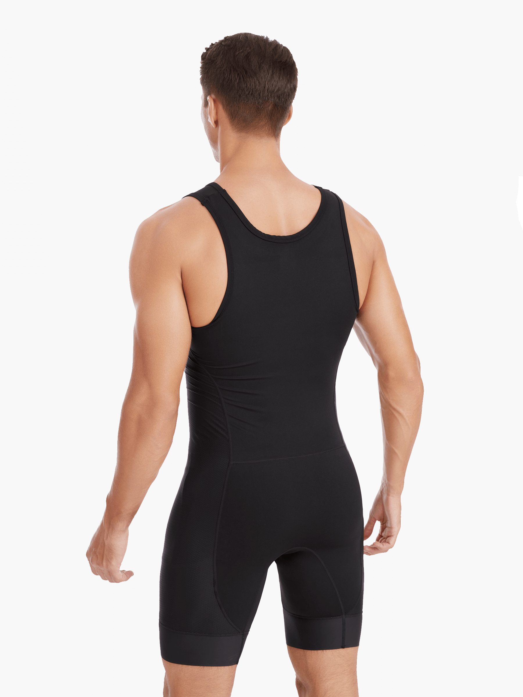 Back view of the Pontoon Performance Unisuit in black, highlighting over-the-shoulder straps, seamless construction, and double lined shorts for added comfort.