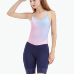 Angled front view of the CrewLine Women’s Performance Rowing Suit, highlighting its pastel gradient top and ergonomic fit for female rowers.