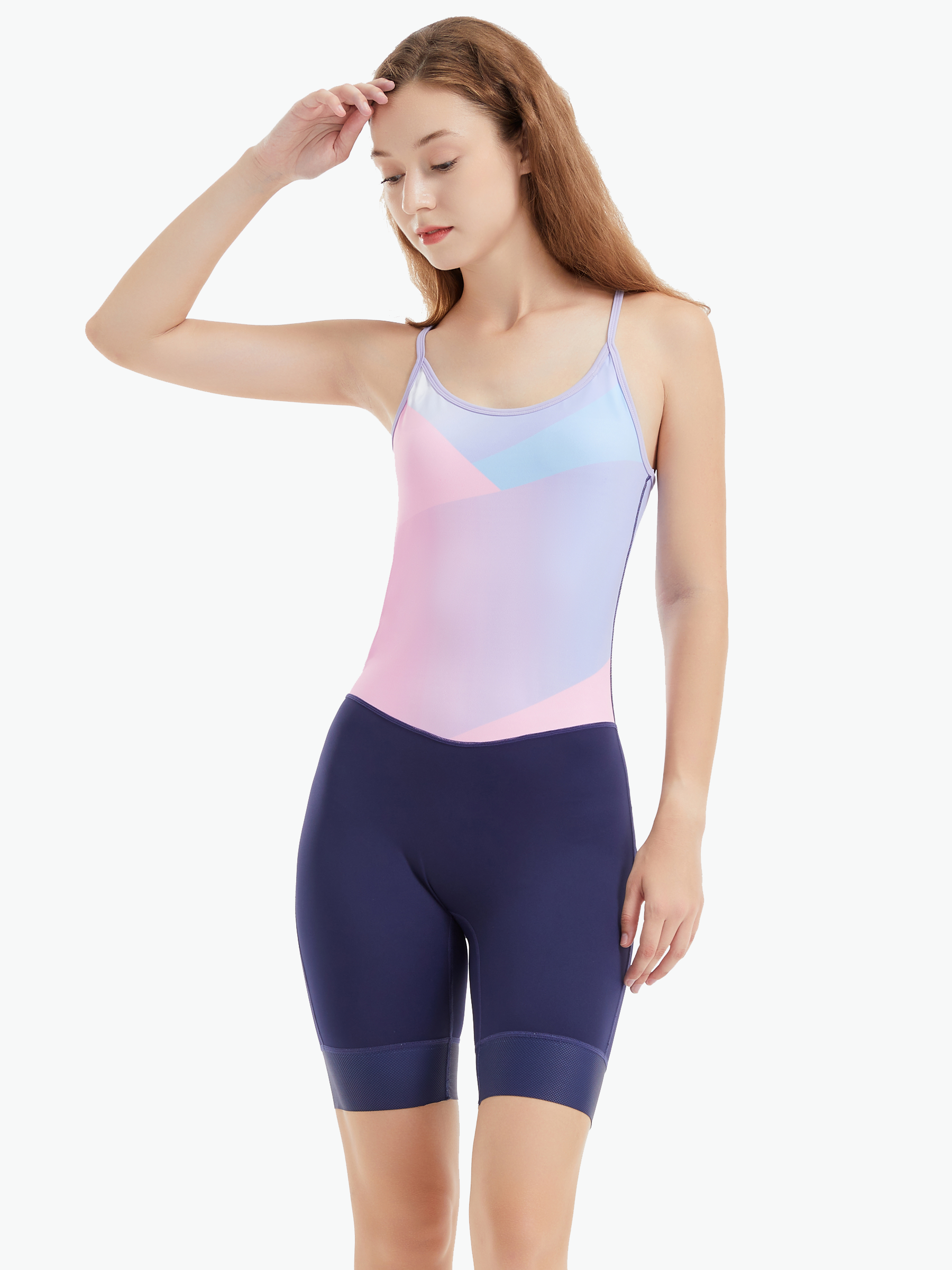 Angled front view of the CrewLine Women’s Performance Rowing Suit, highlighting its pastel gradient top and ergonomic fit for female rowers.