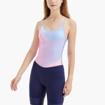 Front view of the CrewLine Women’s Performance Rowing Suit featuring a pastel gradient top with a sleek navy bottom, designed for comfort and performance.