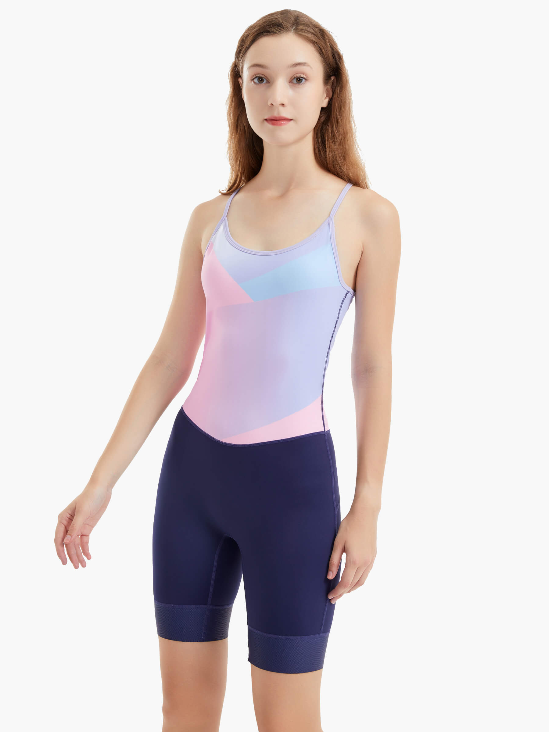 Front view of the CrewLine Women’s Performance Rowing Suit featuring a pastel gradient top with a sleek navy bottom, designed for comfort and performance.