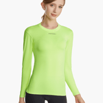 Front view of the SolarShield UVTee Long Sleeve for Ladies in neon yellow, featuring SPF 50+ UV protection, water-resistant fabric, and a comfortable fit designed for rowing and paddling.