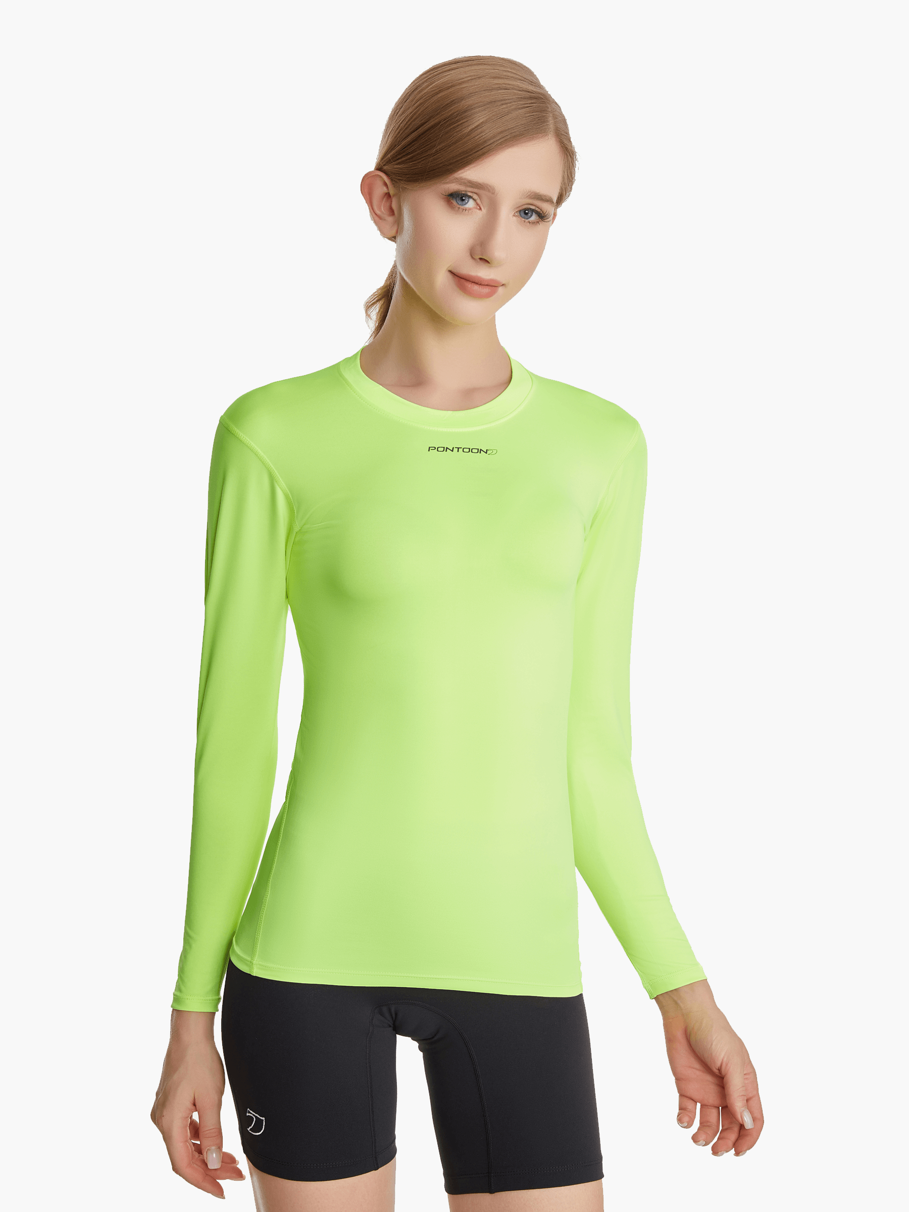 Front view of the SolarShield UVTee Long Sleeve for Ladies in neon yellow, featuring SPF 50+ UV protection, water-resistant fabric, and a comfortable fit designed for rowing and paddling.