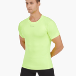Front view of the Men’s UVTee Lightweight Baselayer by Pontoon in neon yellow, featuring ultra-lightweight technical fabrics, flatlock stitching, and UPF 50+ protection, ideal for rowing and outdoor activities.