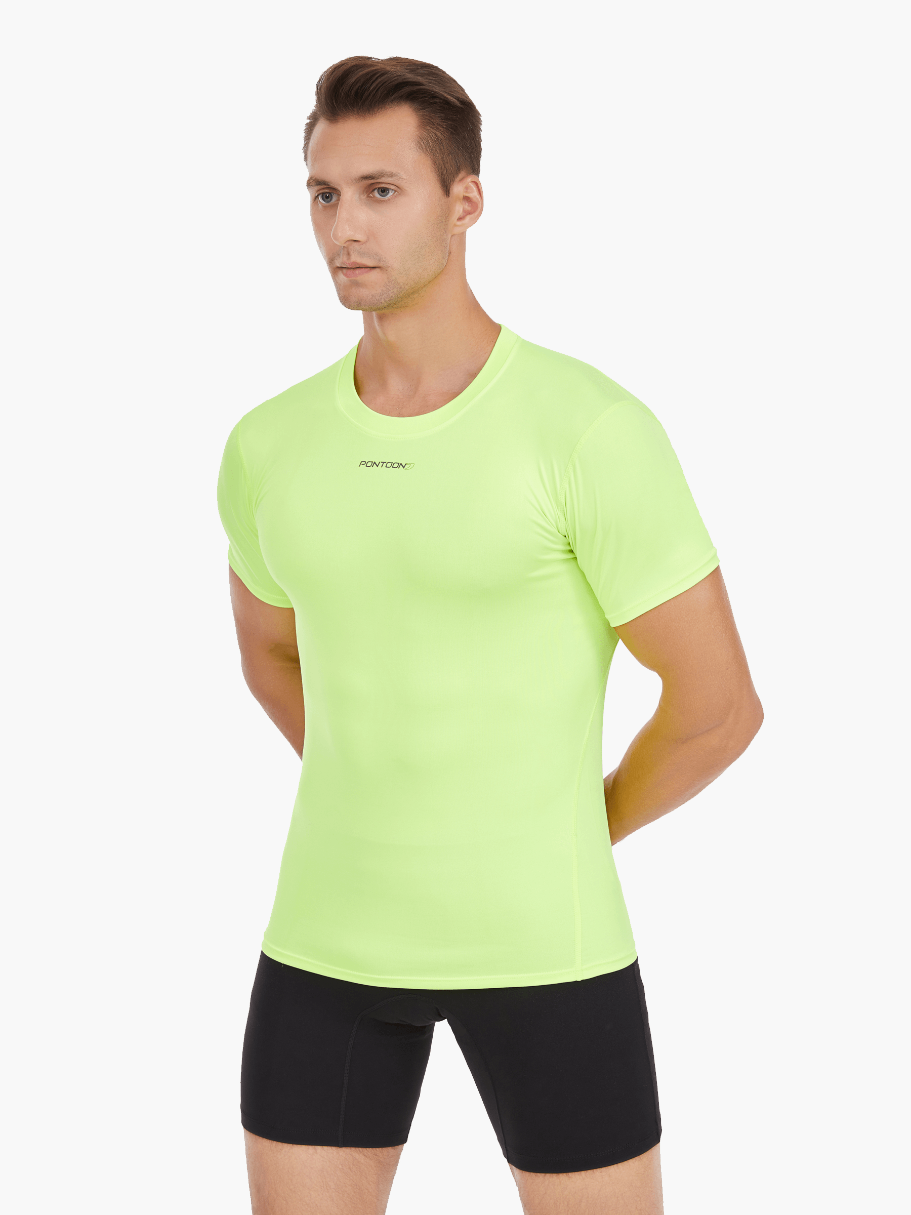 Front view of the Men’s UVTee Lightweight Baselayer by Pontoon in neon yellow, featuring ultra-lightweight technical fabrics, flatlock stitching, and UPF 50+ protection, ideal for rowing and outdoor activities.