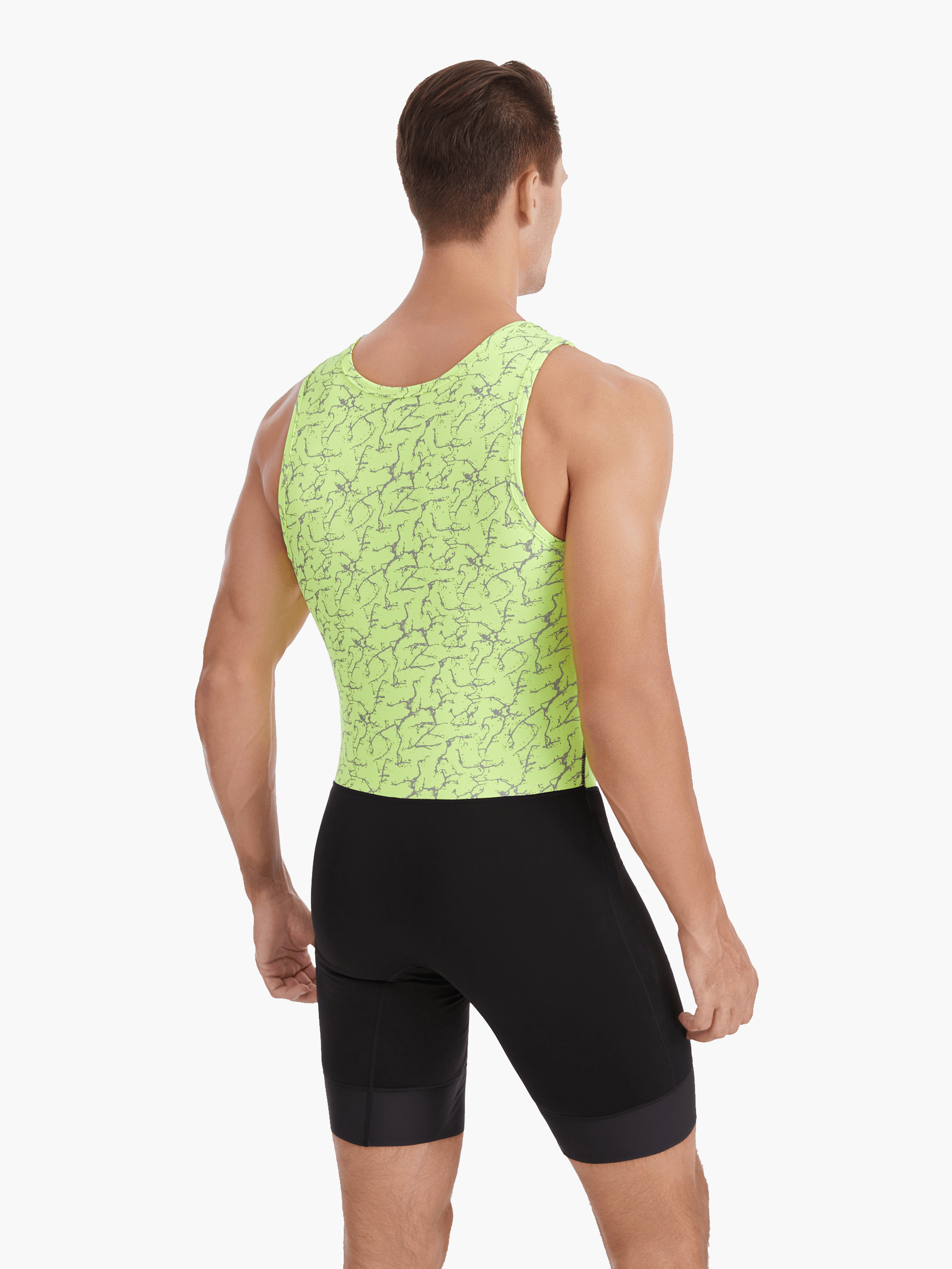 Back view of the HighViz Men’s Reflective Unisuit showcasing over-the-shoulder straps, a bright green reflective top, and black bottom designed for safety and performance.