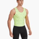 Front view of the HighViz Men’s Reflective Rowing Suit, also known as a Unisuit, Zootie, or AIO, featuring a bright green top with silver high-visibility reflective material and sleek black bottom.