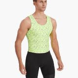 Front view of the HighViz Men’s Reflective Rowing Suit, also known as a Unisuit, Zootie, or AIO, featuring a bright green top with silver high-visibility reflective material and sleek black bottom.