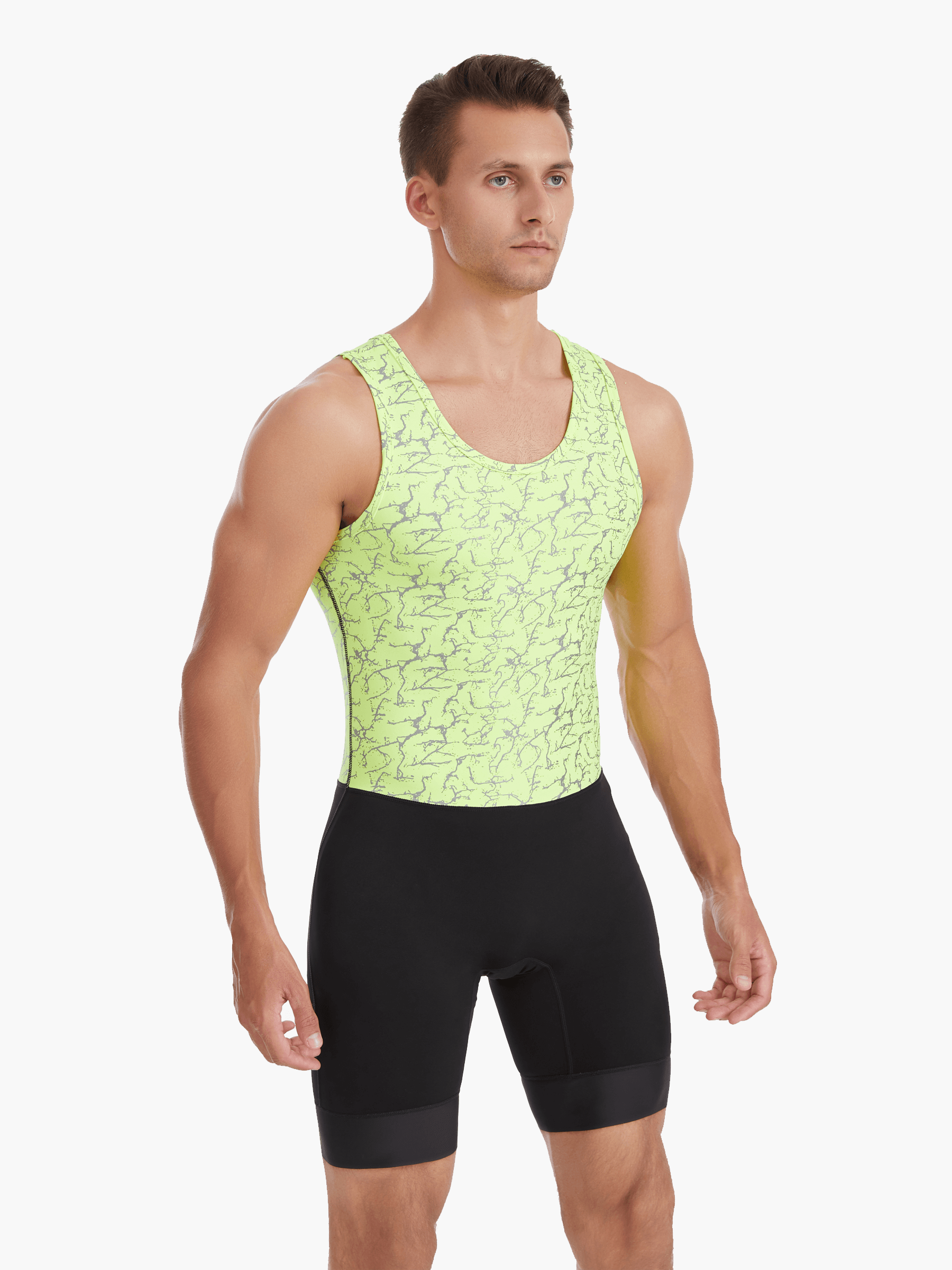 Front view of the HighViz Men’s Reflective Rowing Suit, also known as a Unisuit, Zootie, or AIO, featuring a bright green top with silver high-visibility reflective material and sleek black bottom.