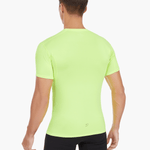 Back view of the Men’s UVTee Lightweight Baselayer in neon yellow, highlighting seamless fabric construction, breathable mesh panels, and UV protection for outdoor rowing activities.