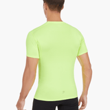 Back view of the Men’s UVTee Lightweight Baselayer in neon yellow, highlighting seamless fabric construction, breathable mesh panels, and UV protection for outdoor rowing activities.