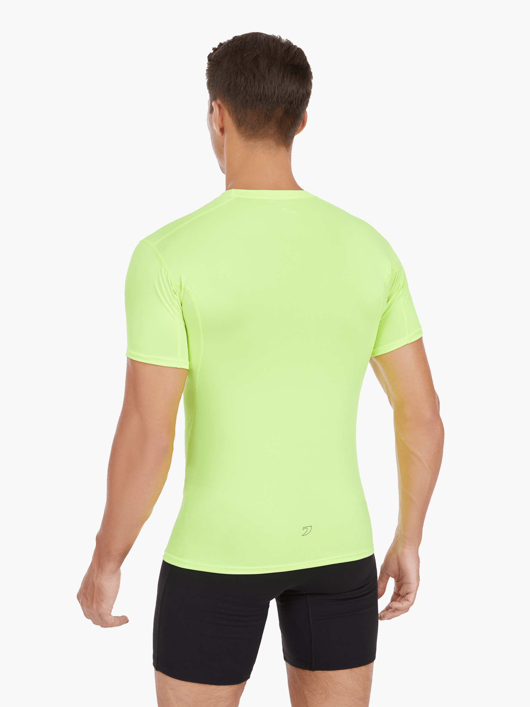 Back view of the Men’s UVTee Lightweight Baselayer in neon yellow, highlighting seamless fabric construction, breathable mesh panels, and UV protection for outdoor rowing activities.
