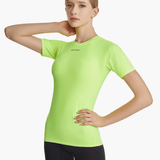 Angled front view of the SolarShield UVTee for Ladies in neon yellow, highlighting its lightweight fabric, long-lasting UV protection, and form-fitting style for rowers.