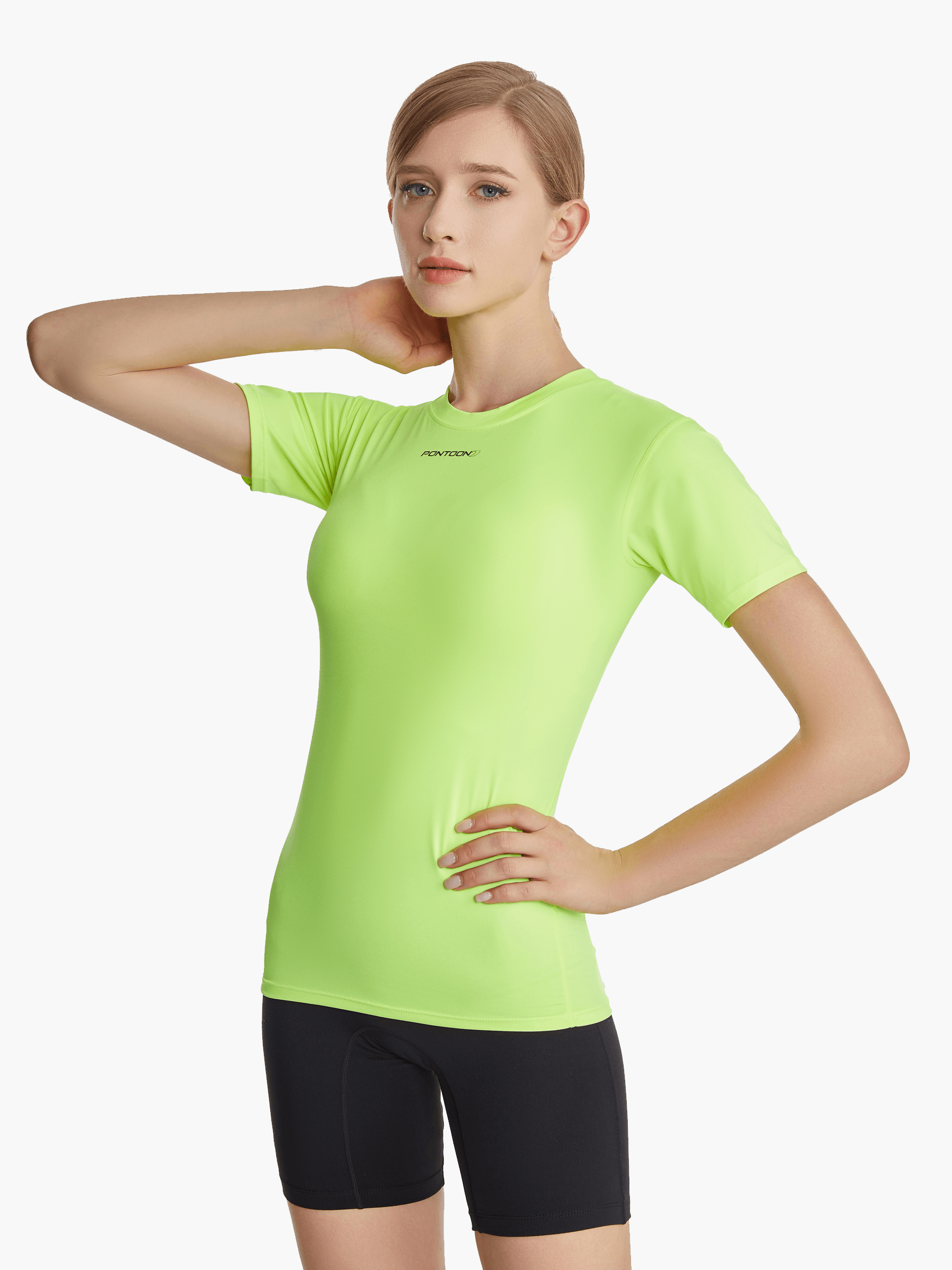 Angled front view of the SolarShield UVTee for Ladies in neon yellow, highlighting its lightweight fabric, long-lasting UV protection, and form-fitting style for rowers.