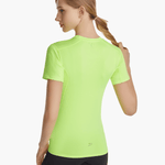 Back view of the SolarShield UVTee for Ladies in neon yellow, emphasizing its seamless construction, SPF 50+ fabric, and performance-focused design for rowing and paddling.