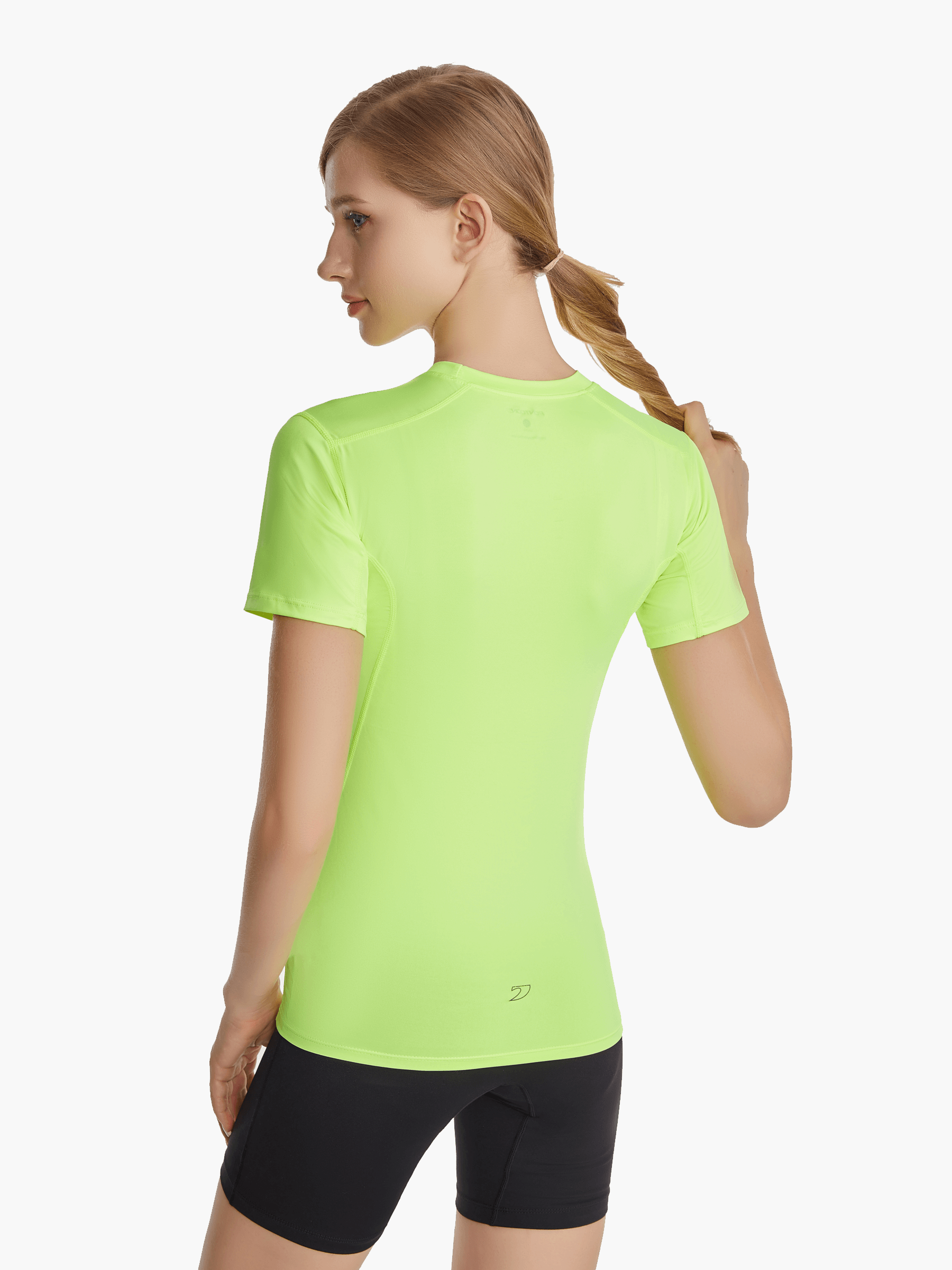 Back view of the SolarShield UVTee for Ladies in neon yellow, emphasizing its seamless construction, SPF 50+ fabric, and performance-focused design for rowing and paddling.