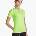 Front view of the SolarShield UVTee for Ladies in neon yellow, featuring SPF 50+ UV protection, feather-light water-resistant fabric, and a tailored fit for rowing and outdoor activities.