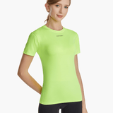 Front view of the SolarShield UVTee for Ladies in neon yellow, featuring SPF 50+ UV protection, feather-light water-resistant fabric, and a tailored fit for rowing and outdoor activities.