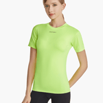 Side view of the SolarShield UVTee for Ladies in neon yellow, showcasing its breathable, moisture-wicking fabric and ergonomic design for comfortable rowing sessions.