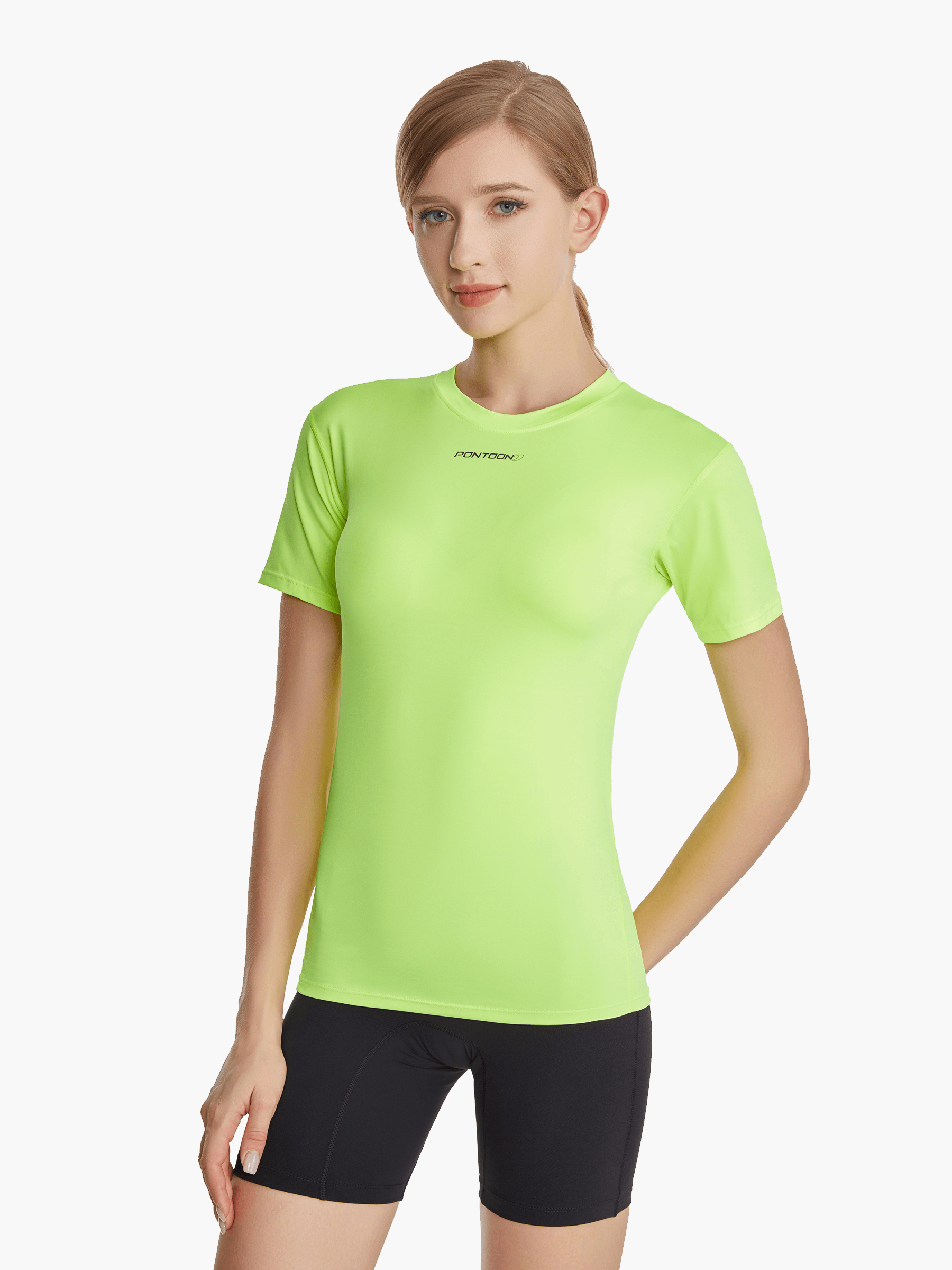 Side view of the SolarShield UVTee for Ladies in neon yellow, showcasing its breathable, moisture-wicking fabric and ergonomic design for comfortable rowing sessions.