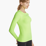 Angled back view of the SolarShield UVTee Long Sleeve for Ladies in neon yellow, highlighting its lightweight design, ergonomic construction, and SPF 50+ fabric ideal for rowing and outdoor activities.