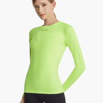 Angled front view of the SolarShield UVTee Long Sleeve for Ladies in neon yellow, highlighting its feather-light, water-resistant fabric and tailored design for maximum comfort and mobility during rowing sessions