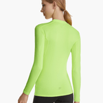 Back view of the SolarShield UVTee Long Sleeve for Ladies in neon yellow, emphasizing its seamless construction, advanced sun protection, and performance-oriented fit for water sports.
