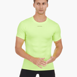 Angled front view of the Men’s UVTee Lightweight Baselayer by Pontoon in neon yellow, emphasizing its lightweight construction, breathable design, and form-fitting style for rowing performance.