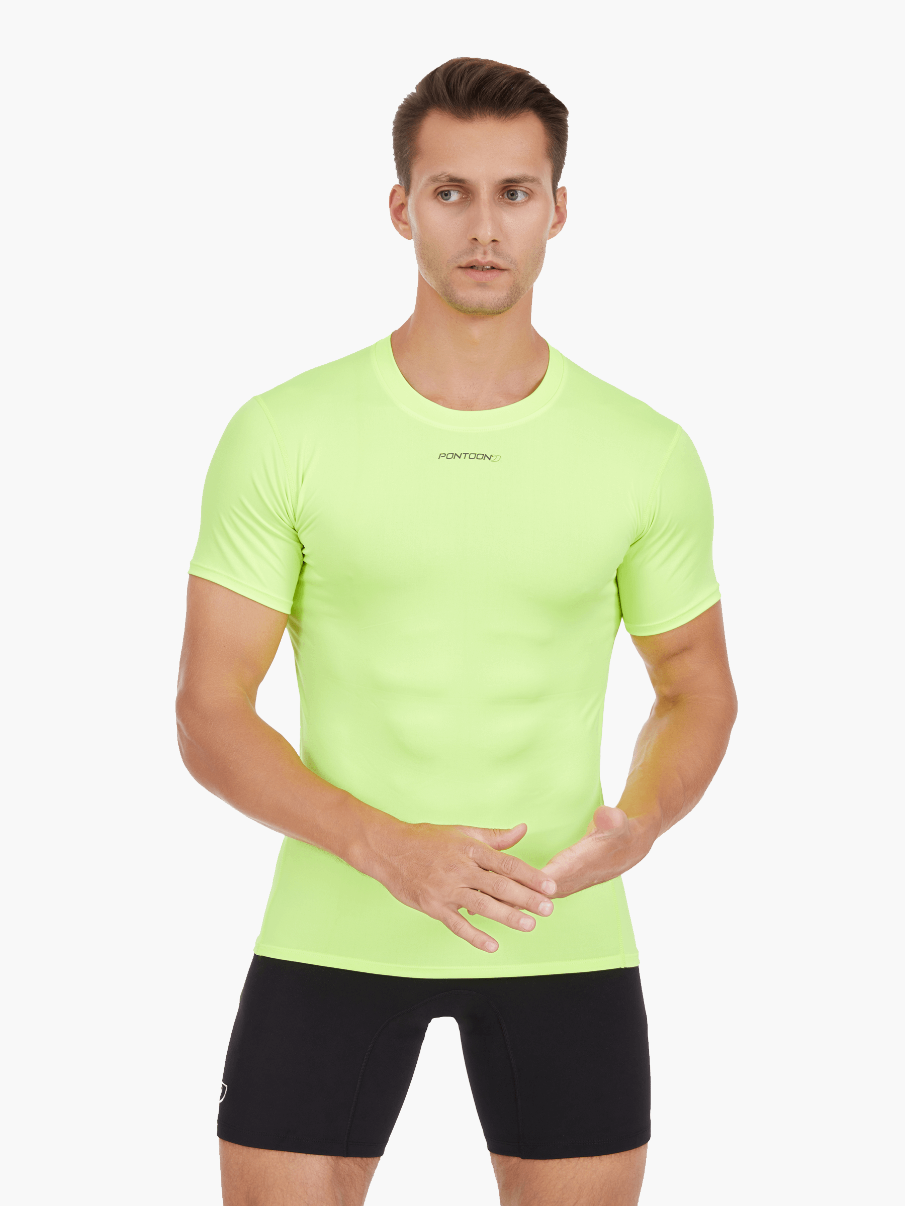Angled front view of the Men’s UVTee Lightweight Baselayer by Pontoon in neon yellow, emphasizing its lightweight construction, breathable design, and form-fitting style for rowing performance.