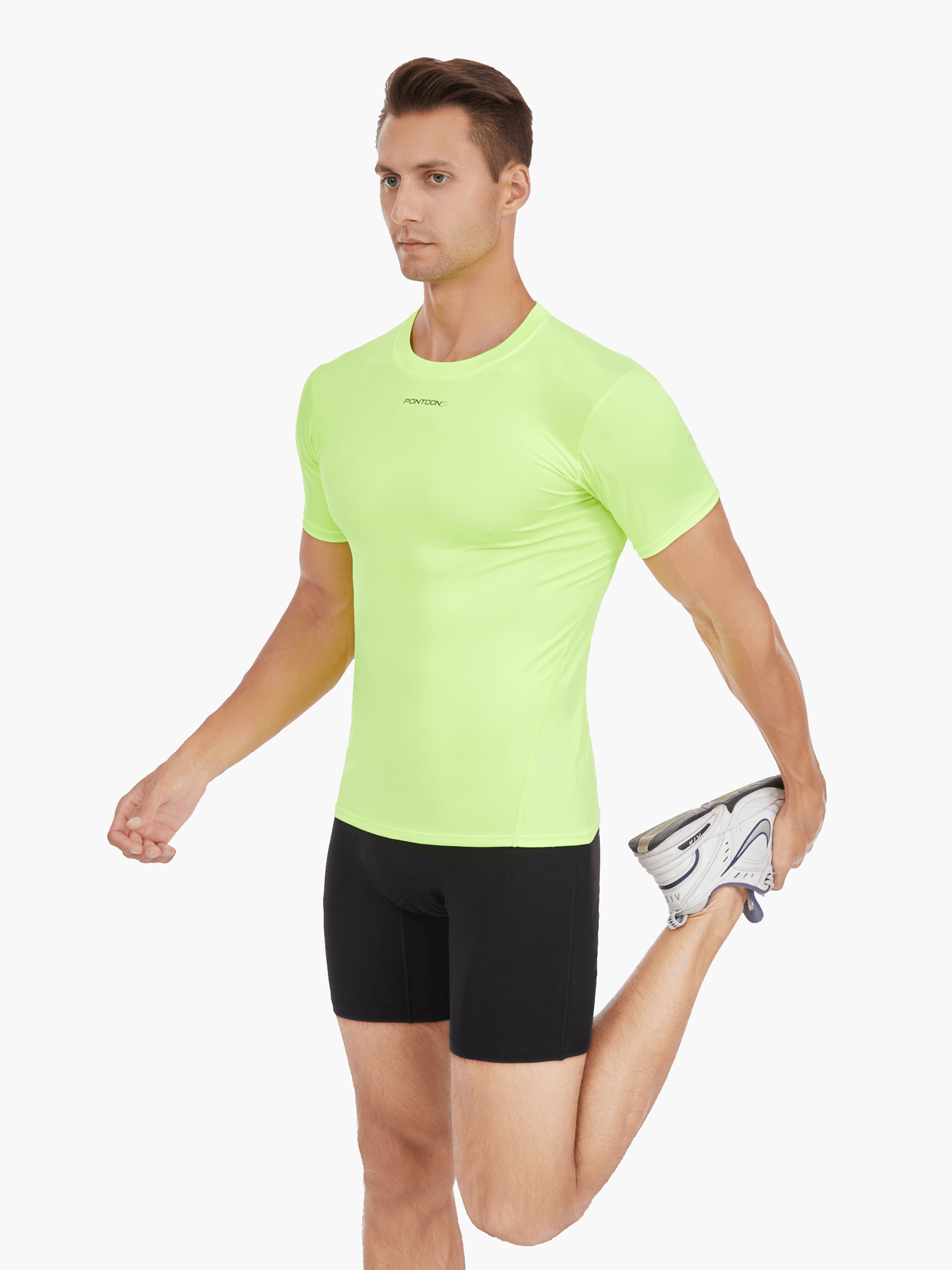 Side view of the Men’s UVTee Lightweight Baselayer in neon yellow, with the model stretching, highlighting its ergonomic fit, moisture-wicking fabric, and athletic design for rowers.