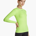 Side view of the SolarShield UVTee Long Sleeve for Ladies in neon yellow, showcasing breathable, moisture-wicking fabric and an ergonomic fit perfect for intense rowing activities.