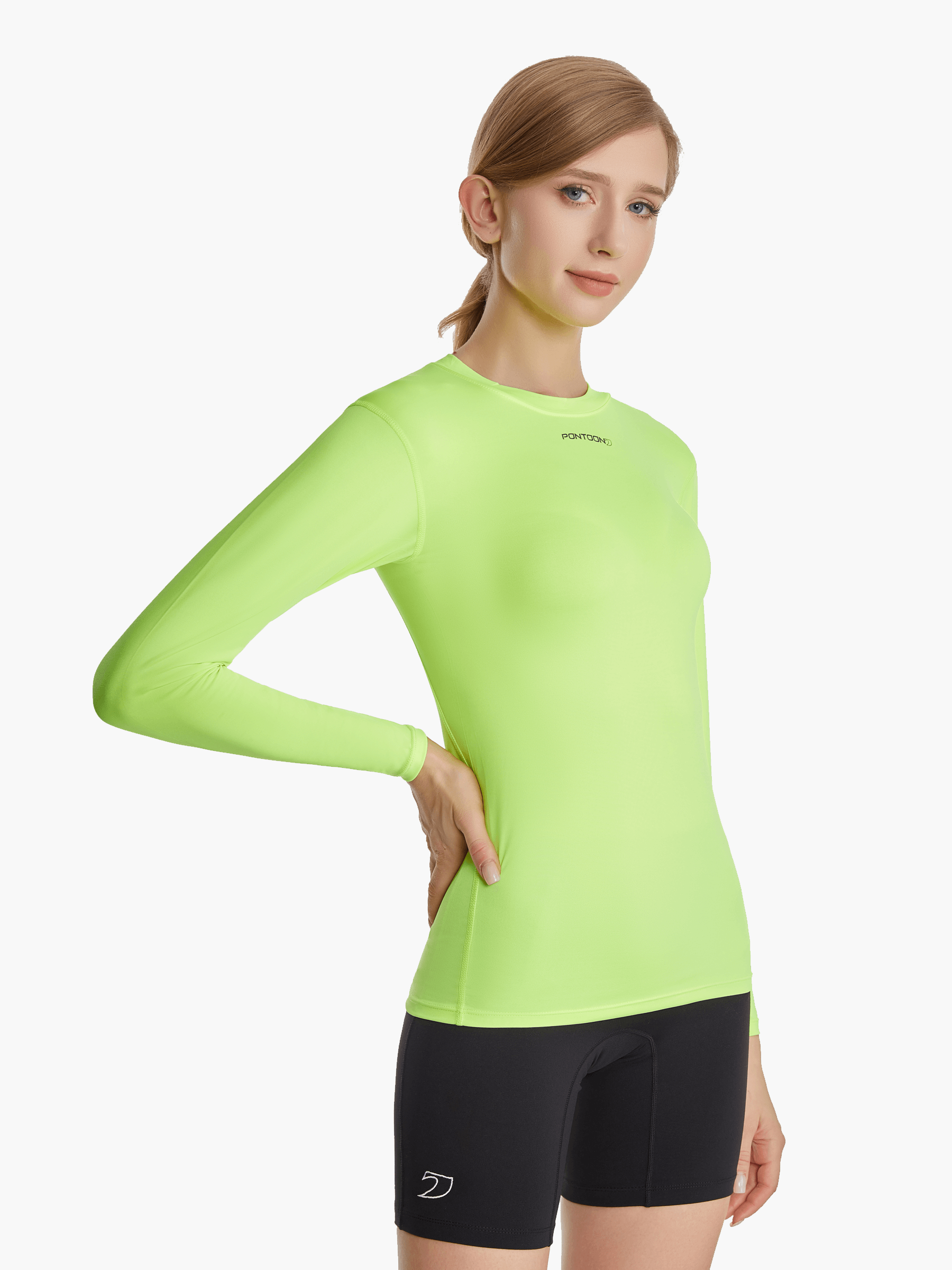 Side view of the SolarShield UVTee Long Sleeve for Ladies in neon yellow, showcasing breathable, moisture-wicking fabric and an ergonomic fit perfect for intense rowing activities.