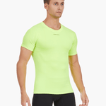 Front view of the Men’s UVTee Lightweight Baselayer in neon yellow, showcasing its flatlock stitching, UPF 50+ protection, and athletic fit for intense rowing sessions