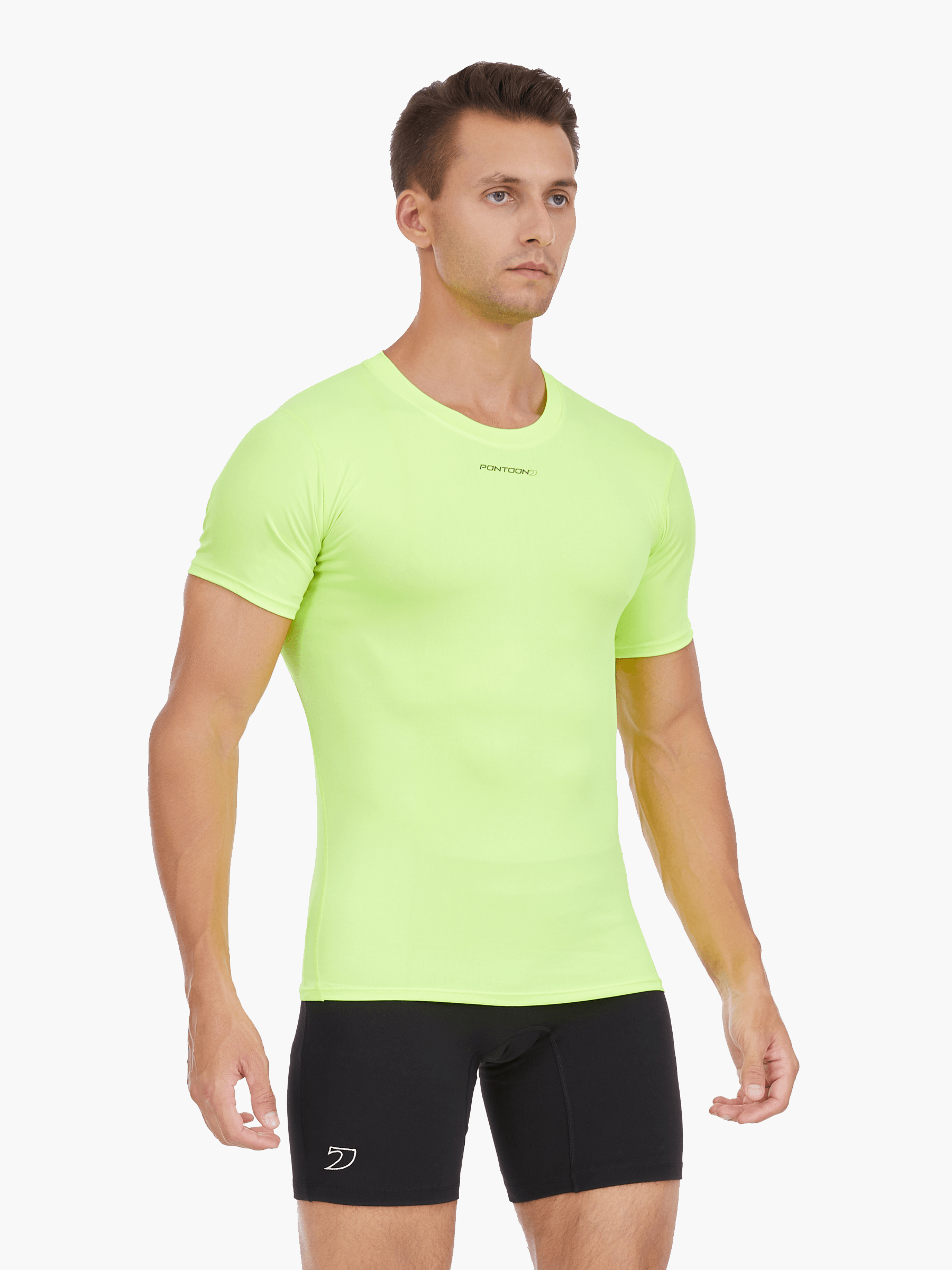 Front view of the Men’s UVTee Lightweight Baselayer in neon yellow, showcasing its flatlock stitching, UPF 50+ protection, and athletic fit for intense rowing sessions