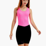 Bright pink front view of the HighViz Women’s Reflective Rowing Suit with silver reflective detailing on the top and a contrasting black bottom, designed for visibility and style during rowing sessions