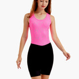Bright pink front view of the HighViz Women’s Reflective Rowing Suit with silver reflective detailing on the top and a contrasting black bottom, designed for visibility and style during rowing sessions
