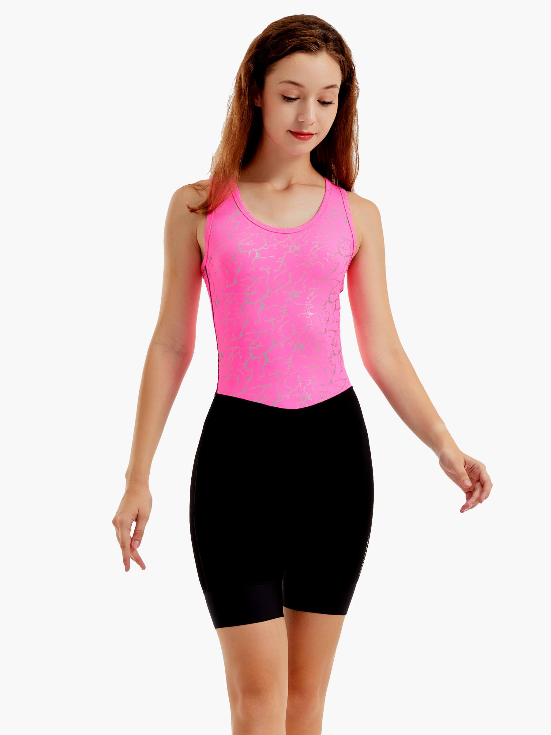 Bright pink front view of the HighViz Women’s Reflective Rowing Suit with silver reflective detailing on the top and a contrasting black bottom, designed for visibility and style during rowing sessions